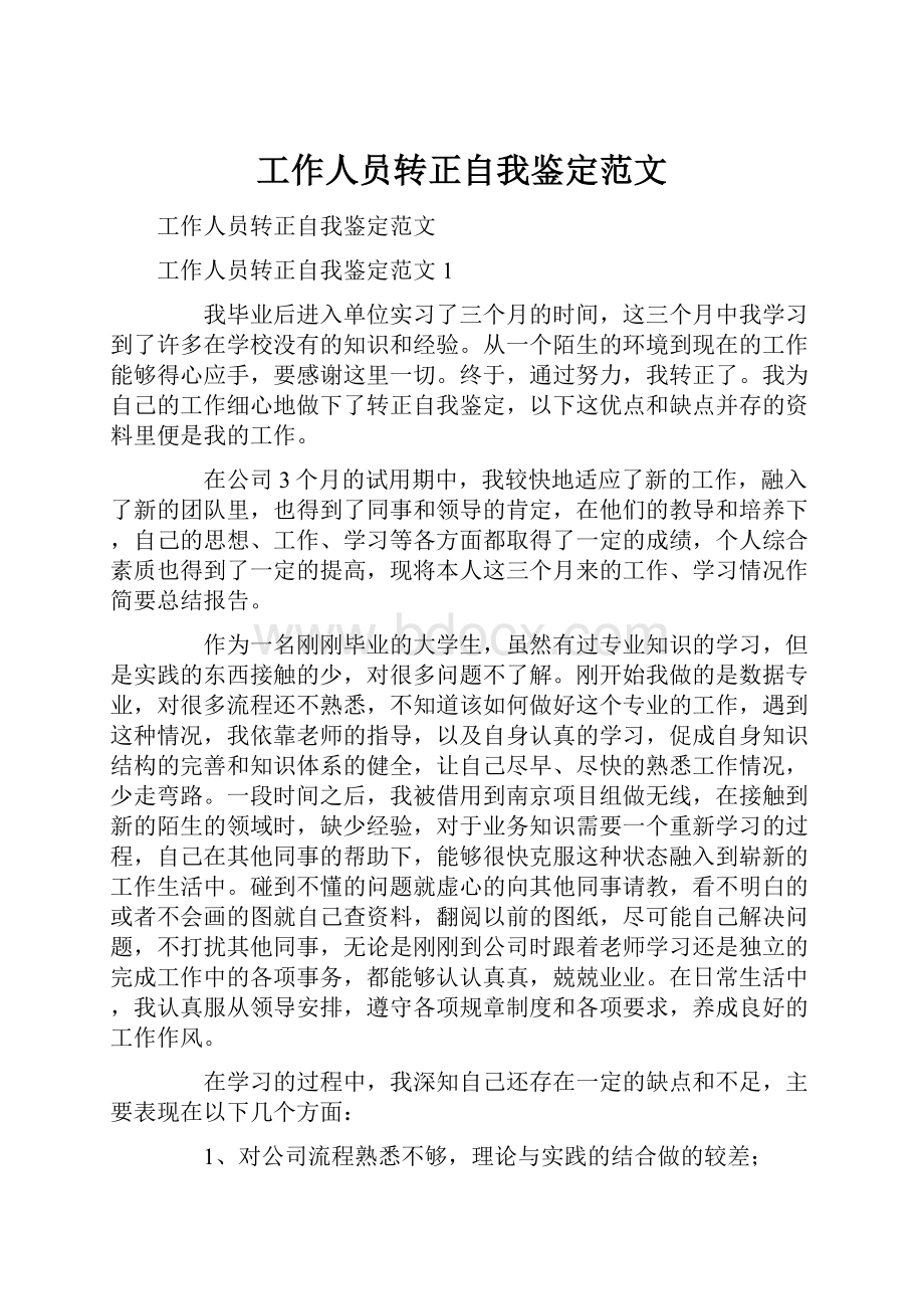 工作人员转正自我鉴定范文.docx