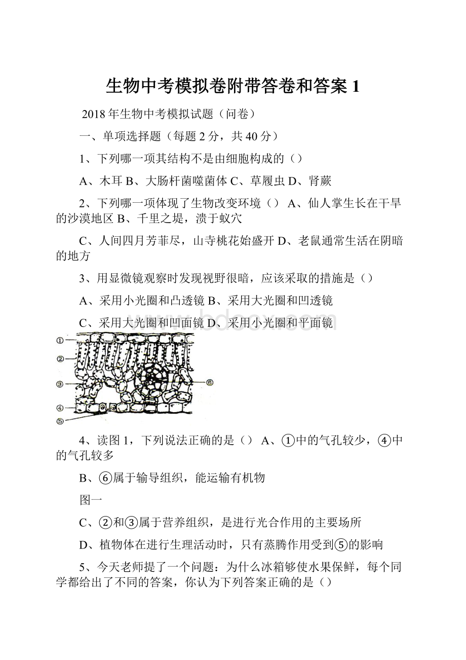 生物中考模拟卷附带答卷和答案 1.docx