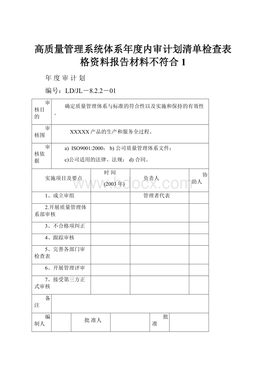 高质量管理系统体系年度内审计划清单检查表格资料报告材料不符合1.docx