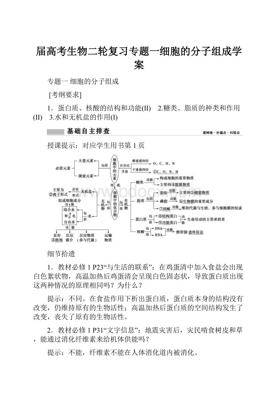 届高考生物二轮复习专题一细胞的分子组成学案.docx_第1页