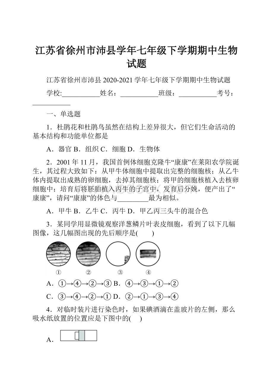 江苏省徐州市沛县学年七年级下学期期中生物试题.docx