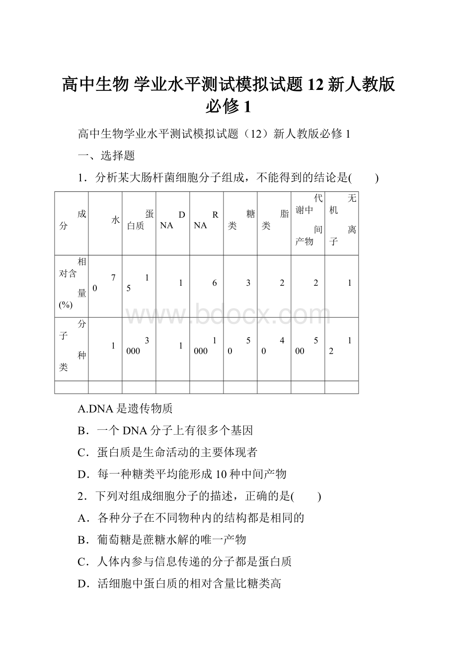 高中生物 学业水平测试模拟试题12新人教版必修1.docx