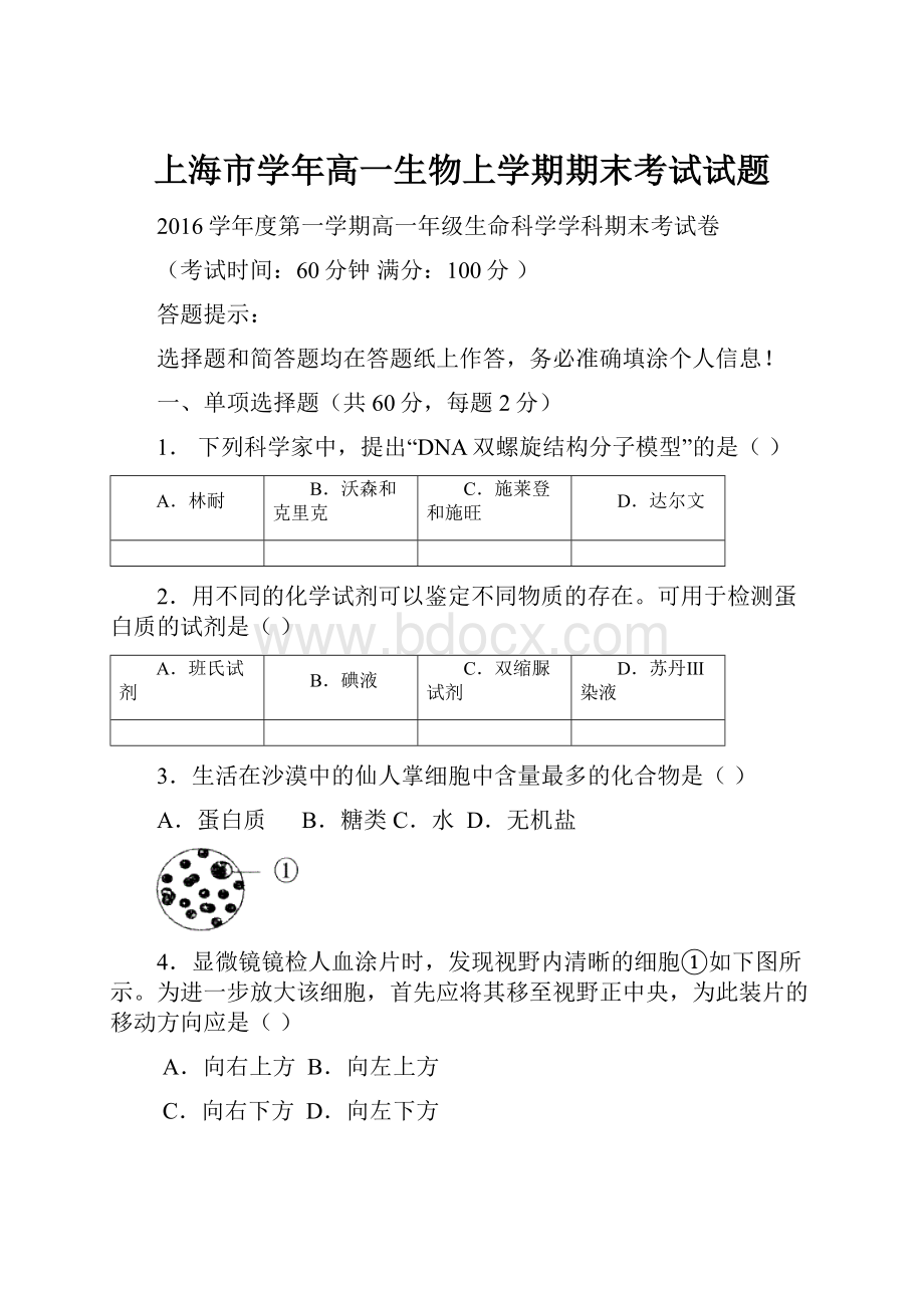 上海市学年高一生物上学期期末考试试题.docx