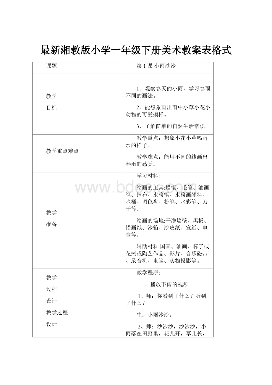 最新湘教版小学一年级下册美术教案表格式.docx_第1页