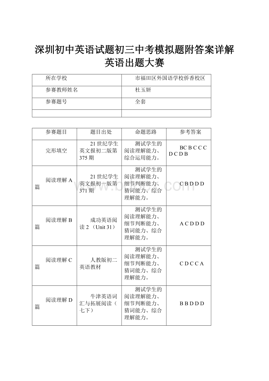 深圳初中英语试题初三中考模拟题附答案详解英语出题大赛.docx