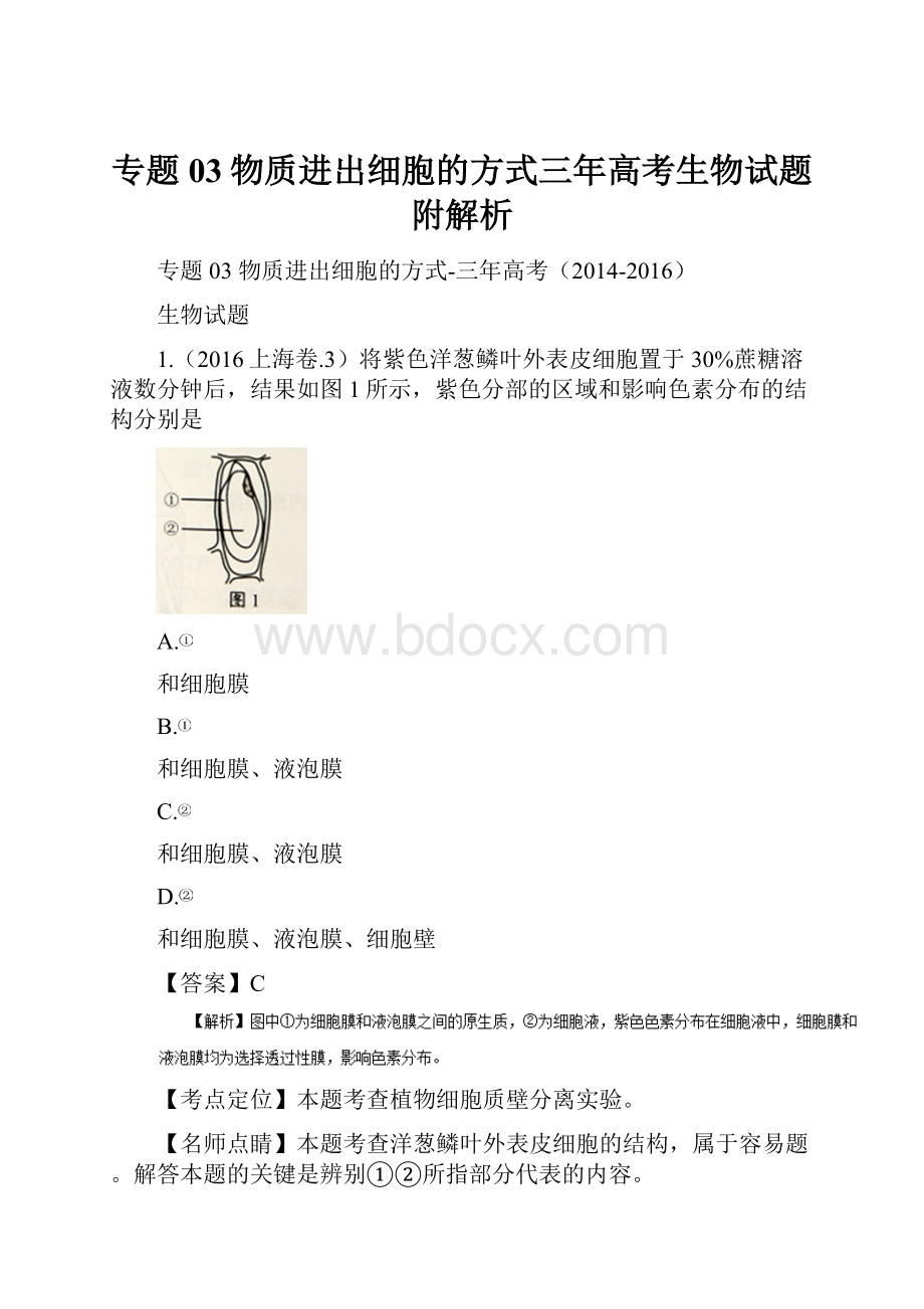 专题03物质进出细胞的方式三年高考生物试题附解析.docx