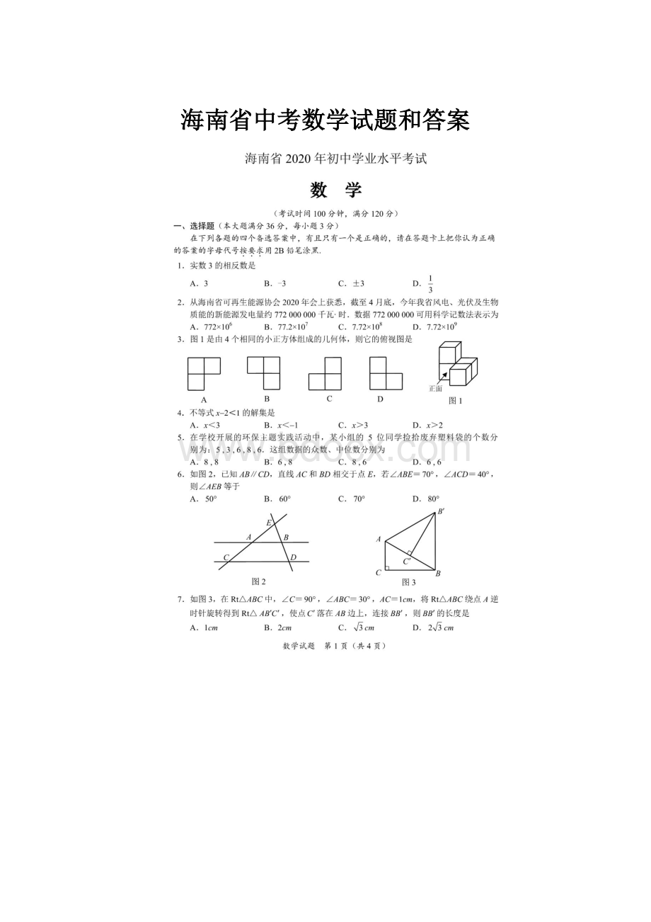 海南省中考数学试题和答案.docx