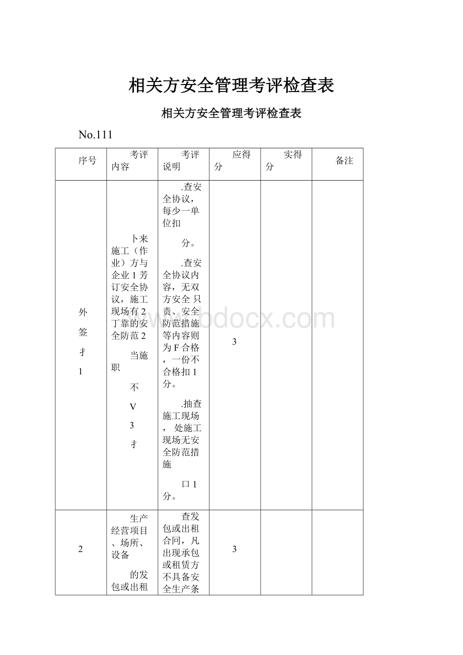 相关方安全管理考评检查表.docx