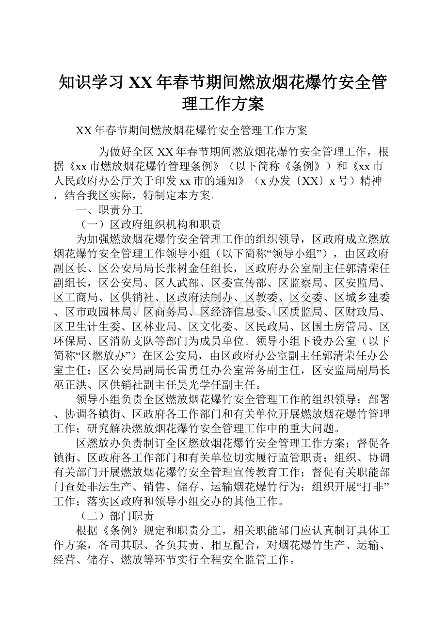 知识学习XX年春节期间燃放烟花爆竹安全管理工作方案.docx