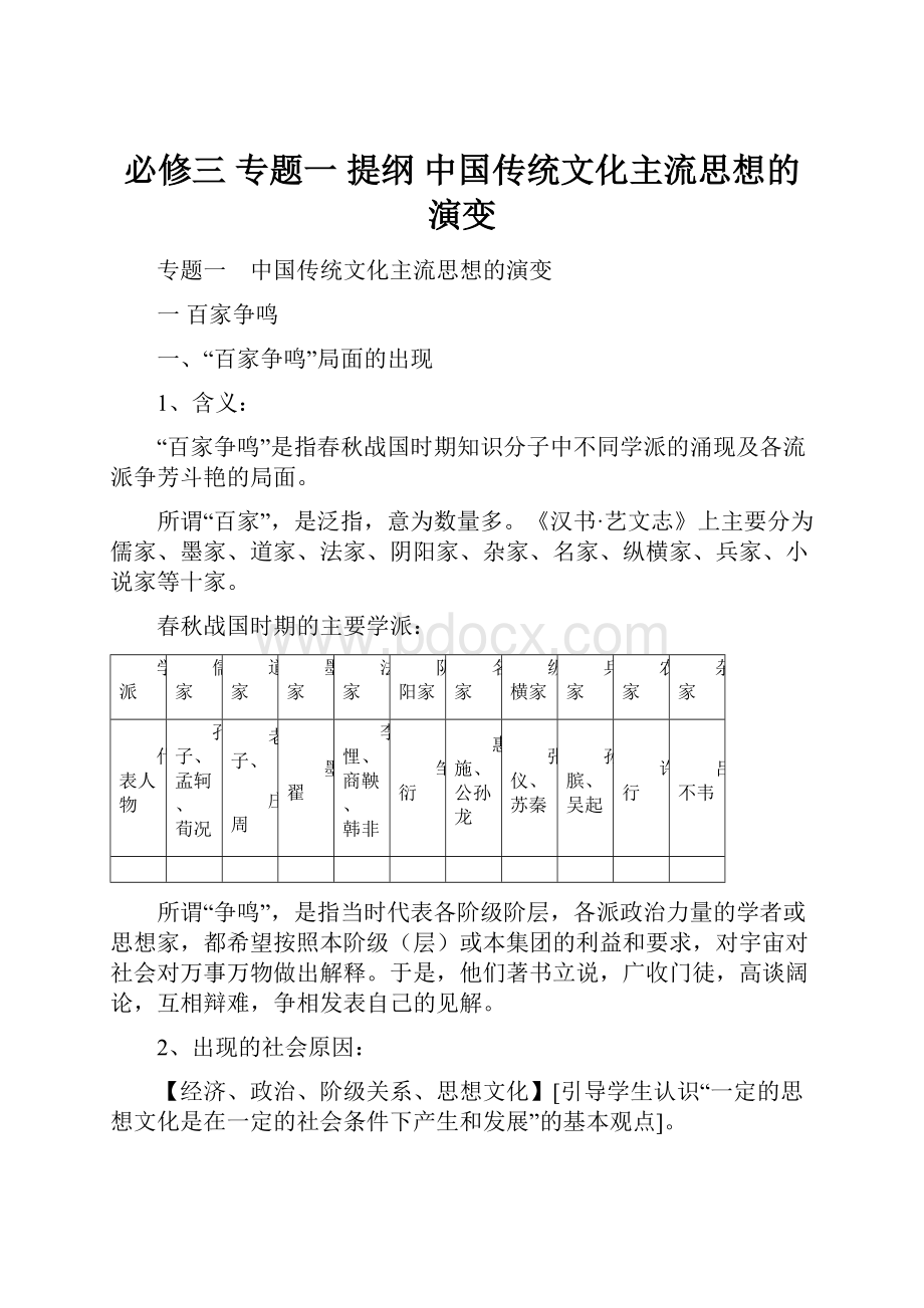 必修三 专题一 提纲 中国传统文化主流思想的演变.docx