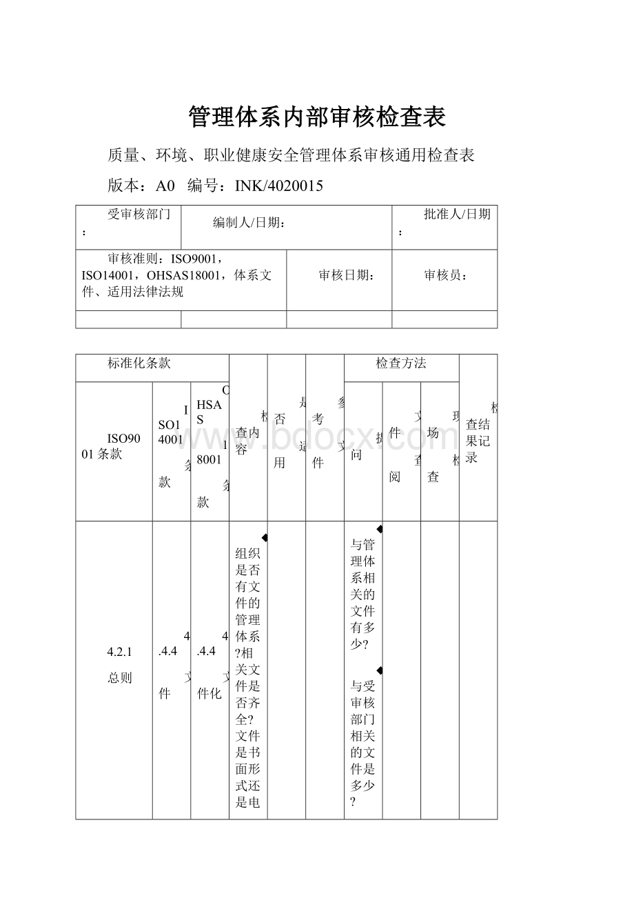 管理体系内部审核检查表.docx