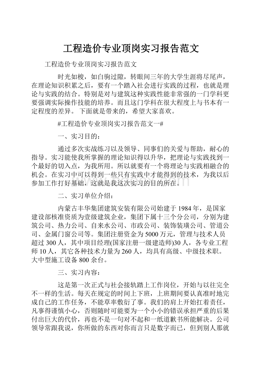 工程造价专业顶岗实习报告范文.docx