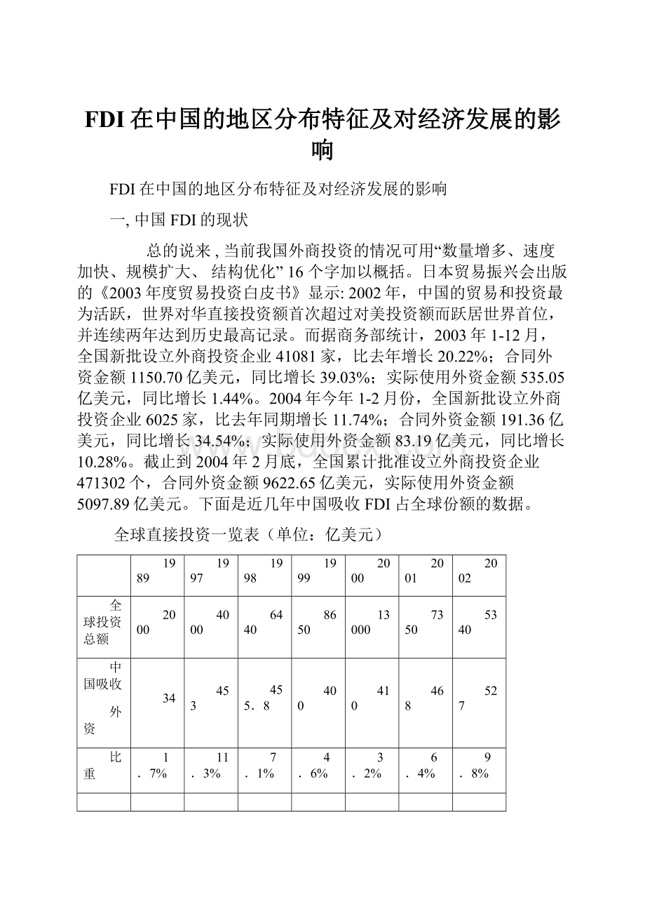 FDI在中国的地区分布特征及对经济发展的影响.docx