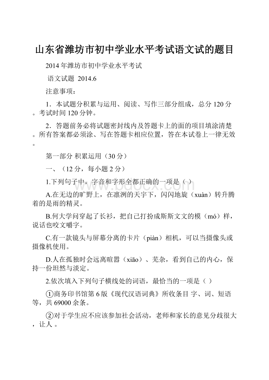 山东省潍坊市初中学业水平考试语文试的题目.docx