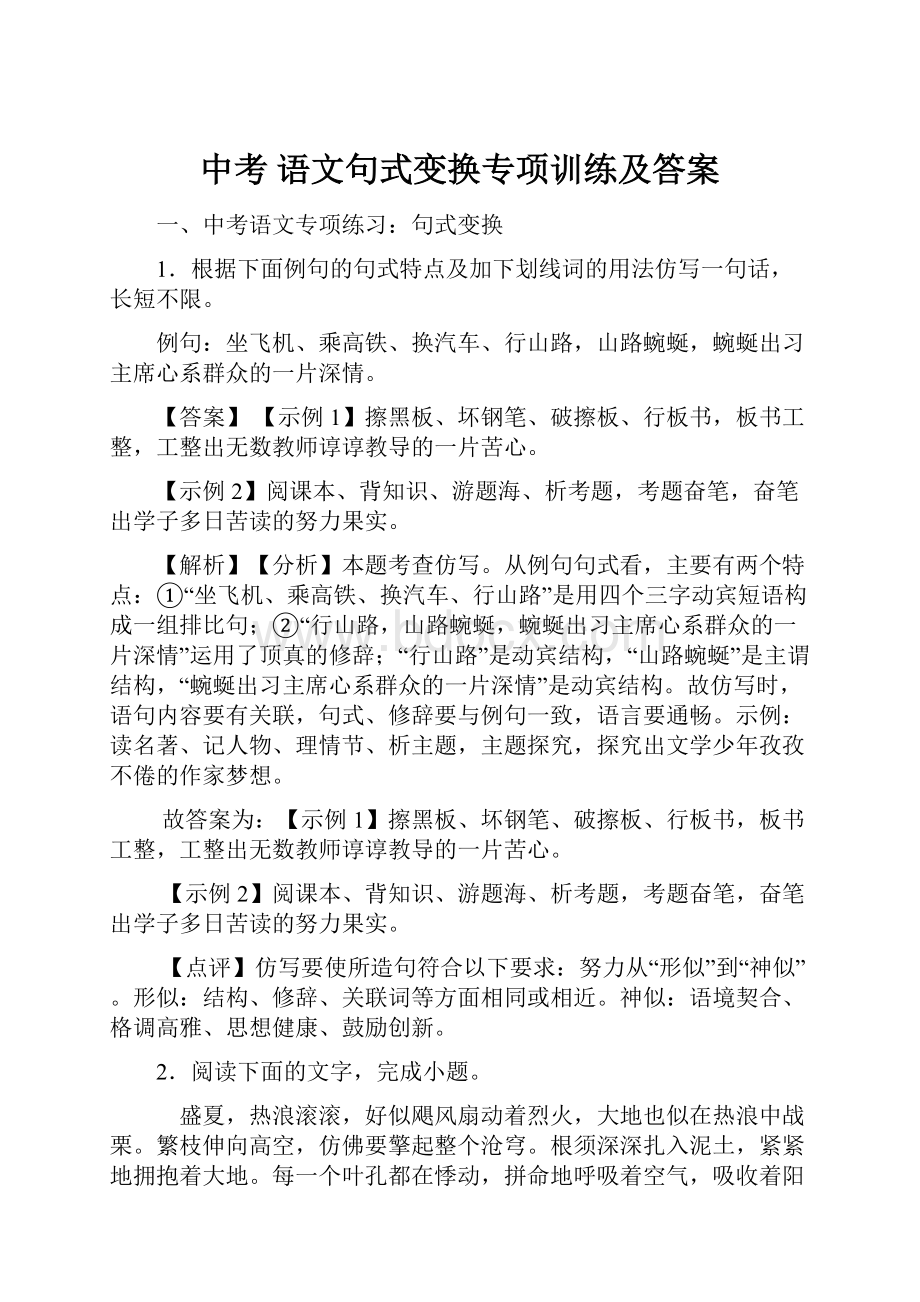 中考 语文句式变换专项训练及答案.docx