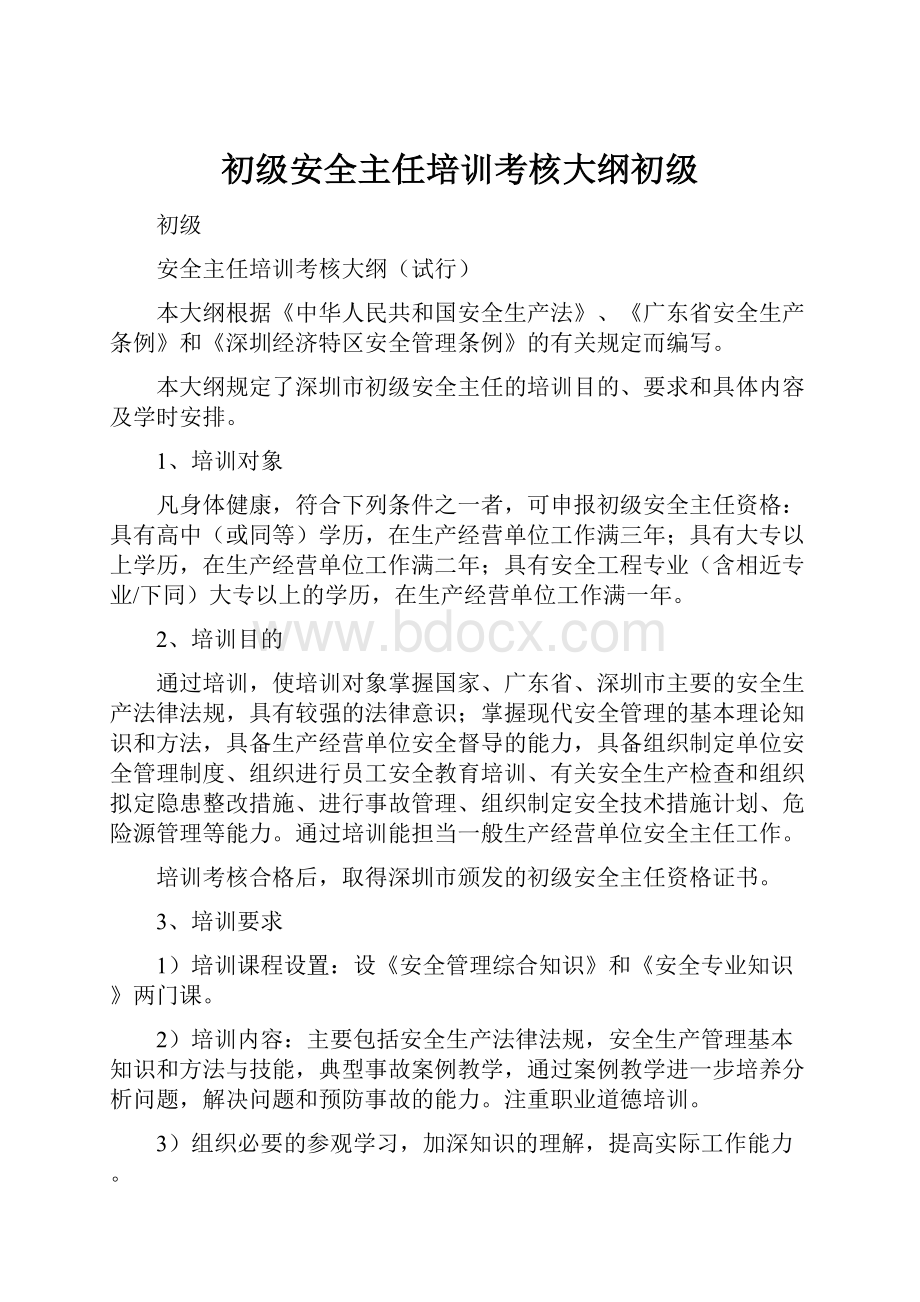 初级安全主任培训考核大纲初级.docx