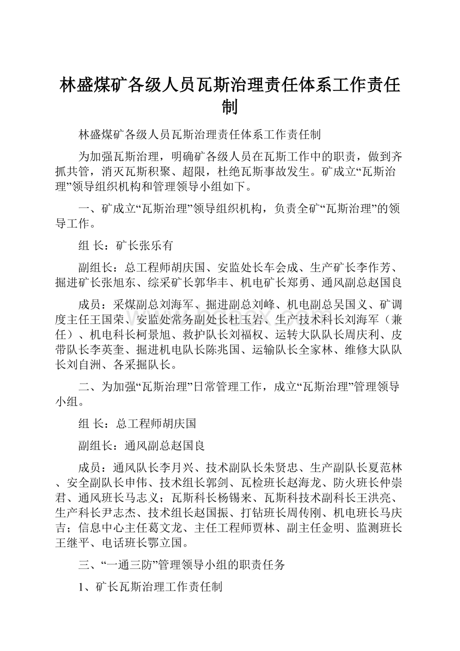 林盛煤矿各级人员瓦斯治理责任体系工作责任制.docx