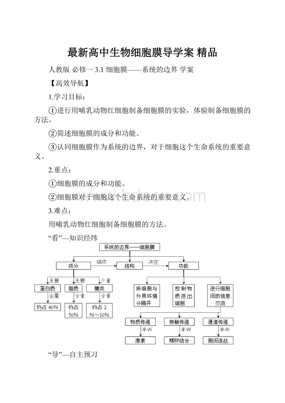 最新高中生物细胞膜导学案 精品.docx