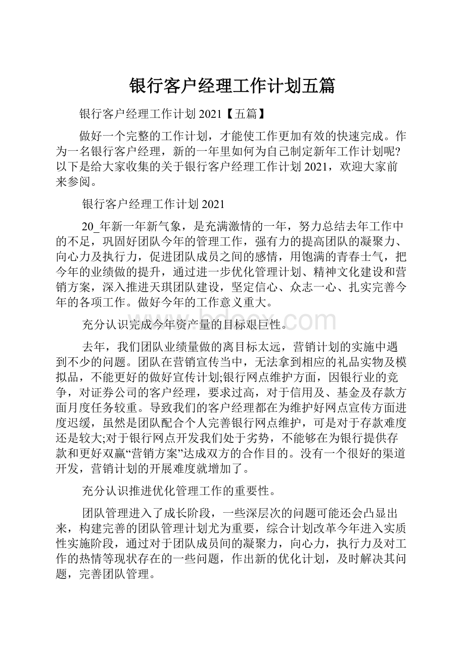 银行客户经理工作计划五篇.docx