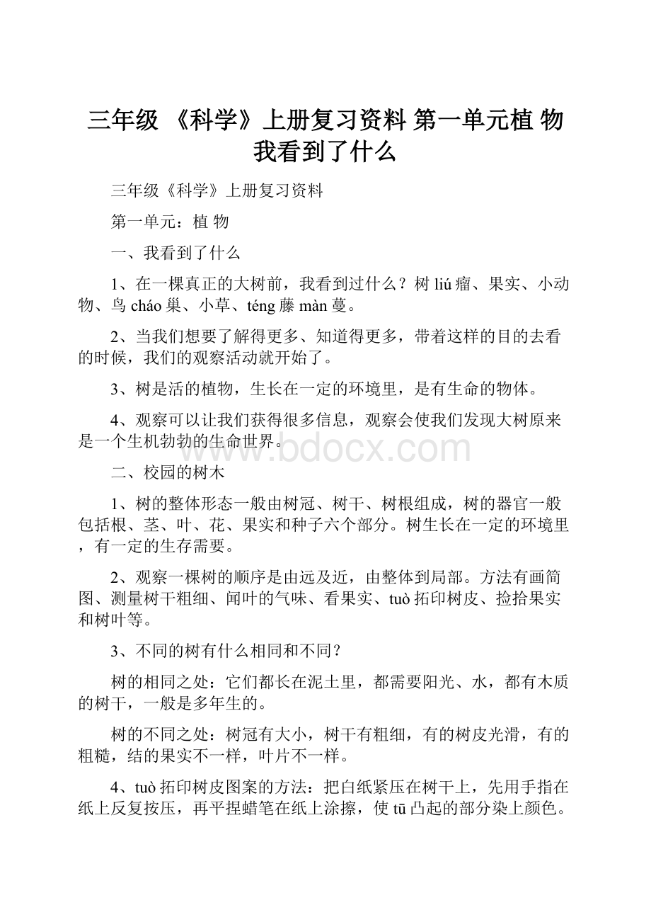 三年级 《科学》上册复习资料 第一单元植物 我看到了什么.docx_第1页