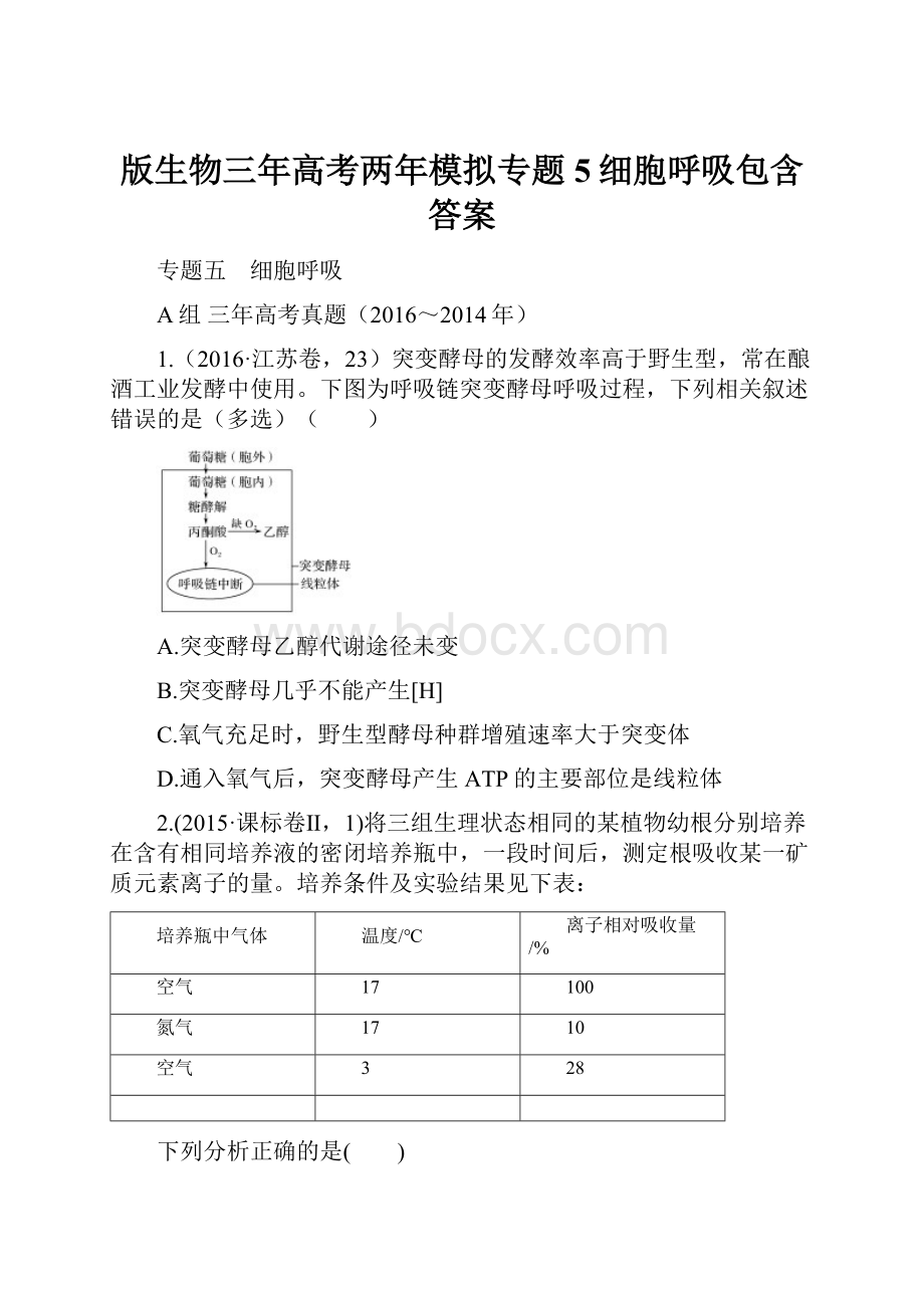 版生物三年高考两年模拟专题5细胞呼吸包含答案.docx