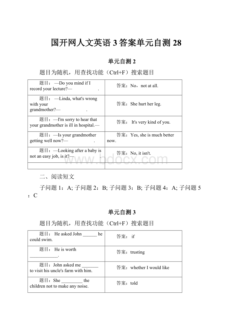 国开网人文英语3答案单元自测28.docx