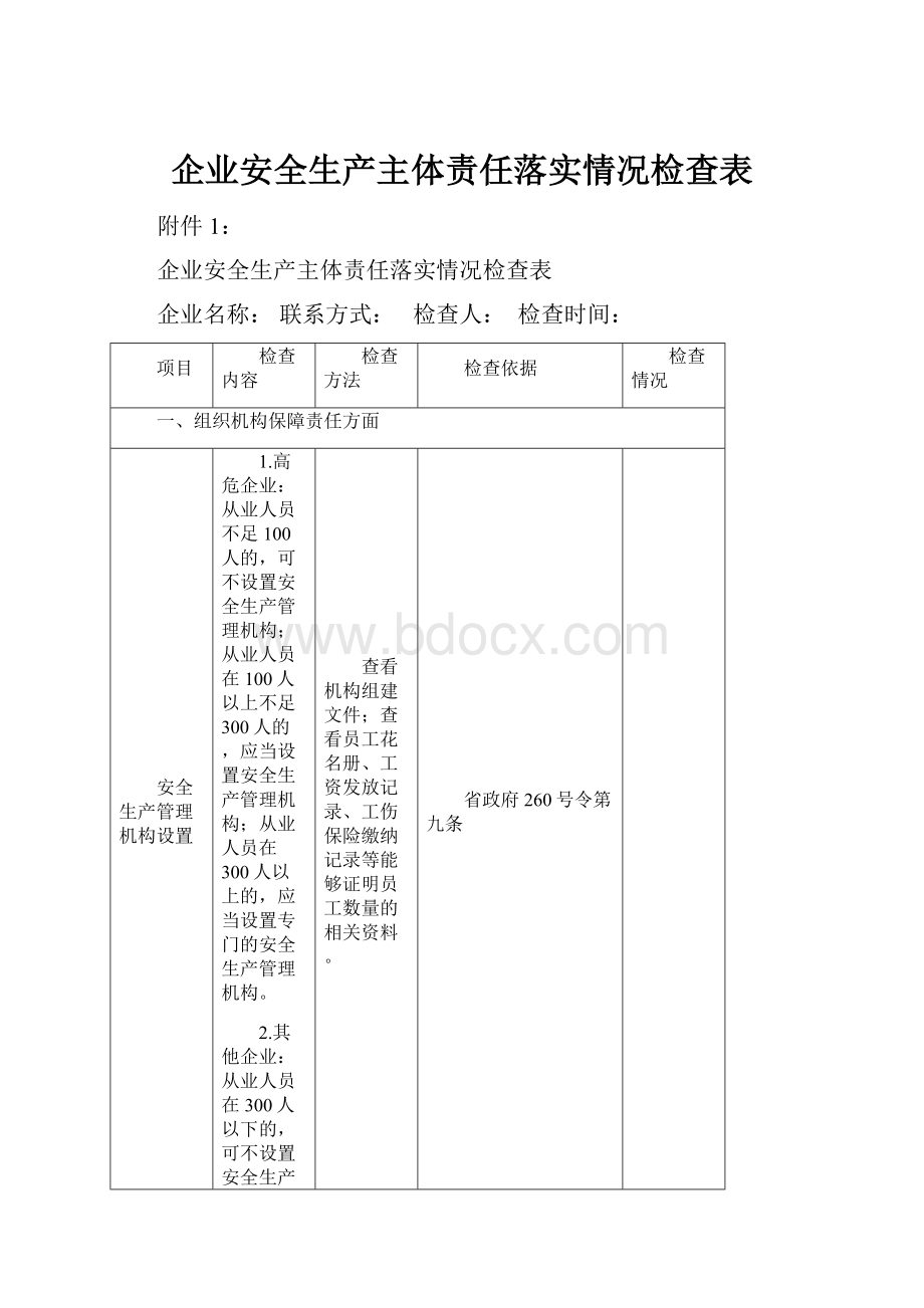 企业安全生产主体责任落实情况检查表.docx