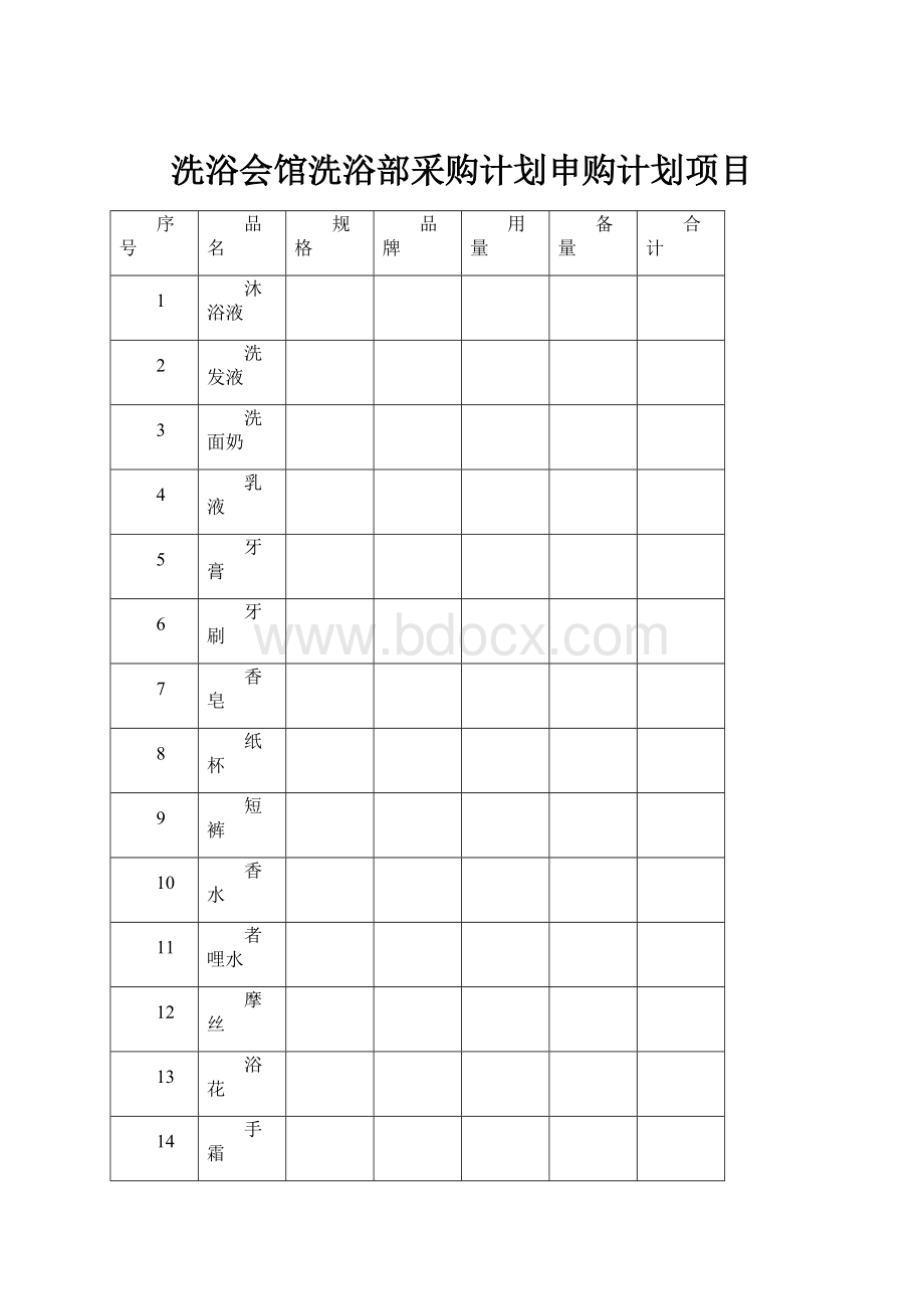 洗浴会馆洗浴部采购计划申购计划项目.docx