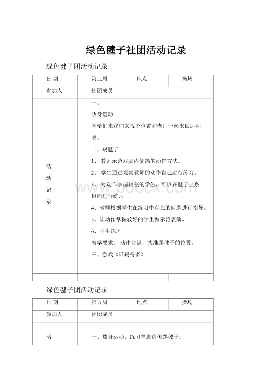 绿色毽子社团活动记录.docx_第1页