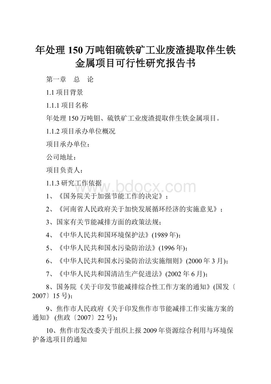 年处理150万吨钼硫铁矿工业废渣提取伴生铁金属项目可行性研究报告书.docx