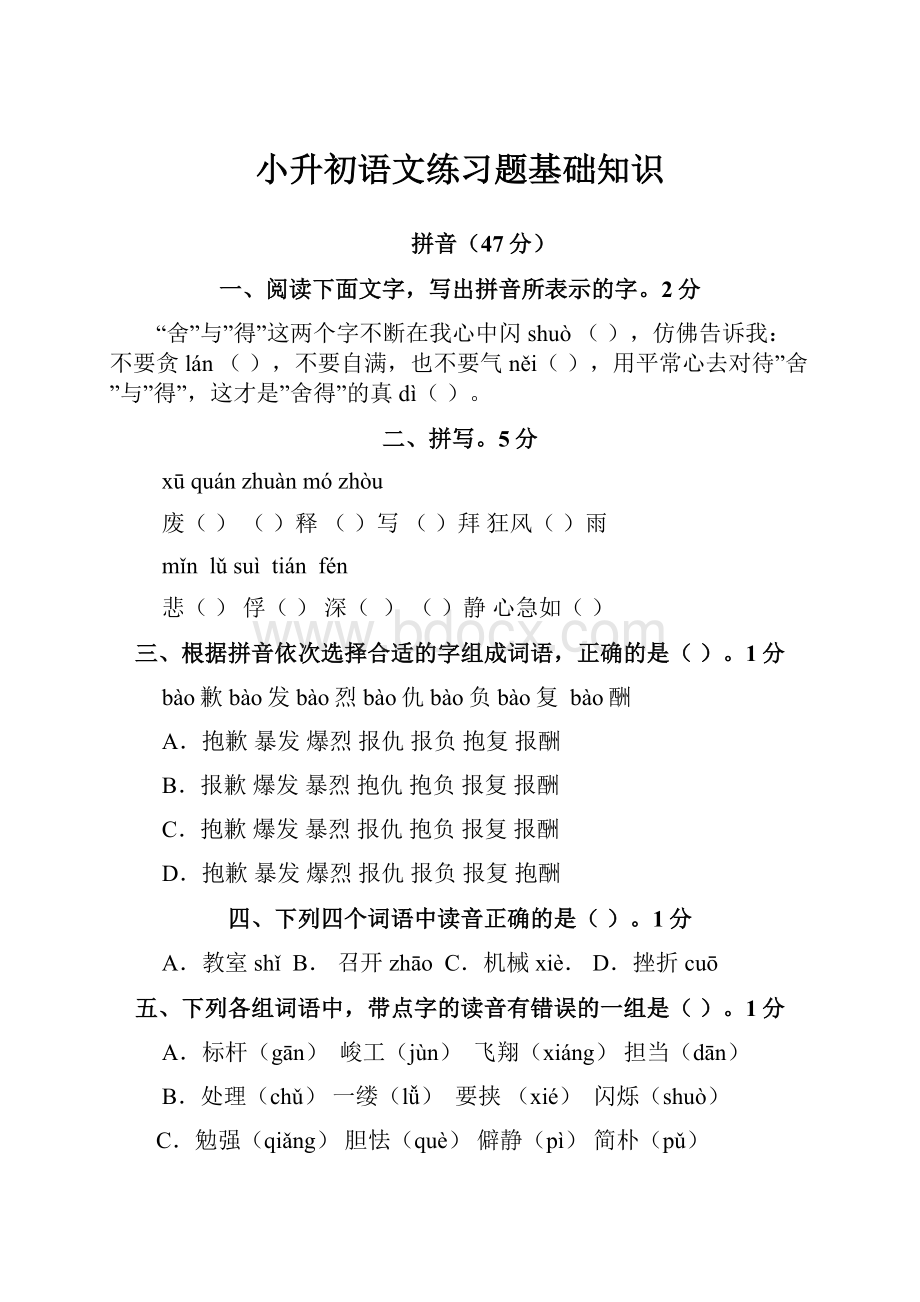 小升初语文练习题基础知识.docx