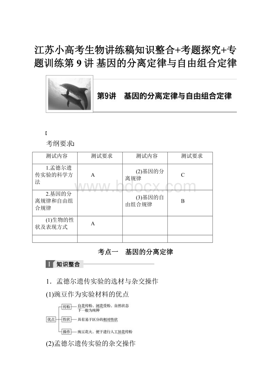 江苏小高考生物讲练稿知识整合+考题探究+专题训练第9讲 基因的分离定律与自由组合定律.docx