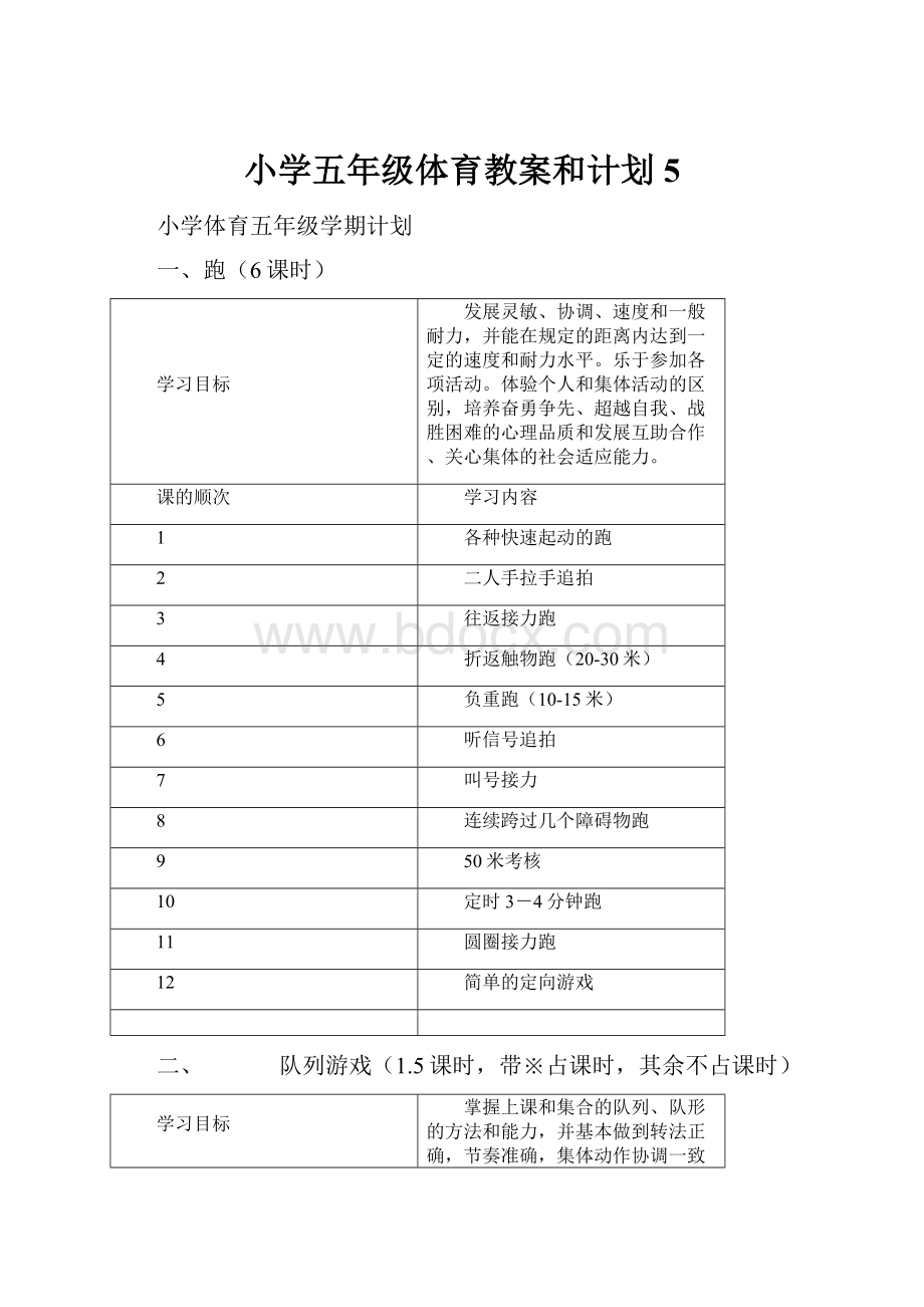 小学五年级体育教案和计划5.docx