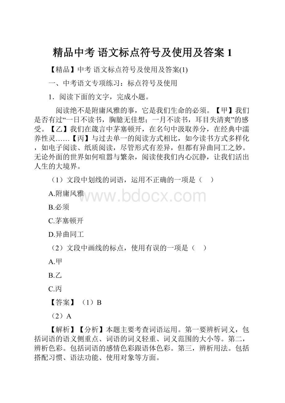 精品中考 语文标点符号及使用及答案1.docx