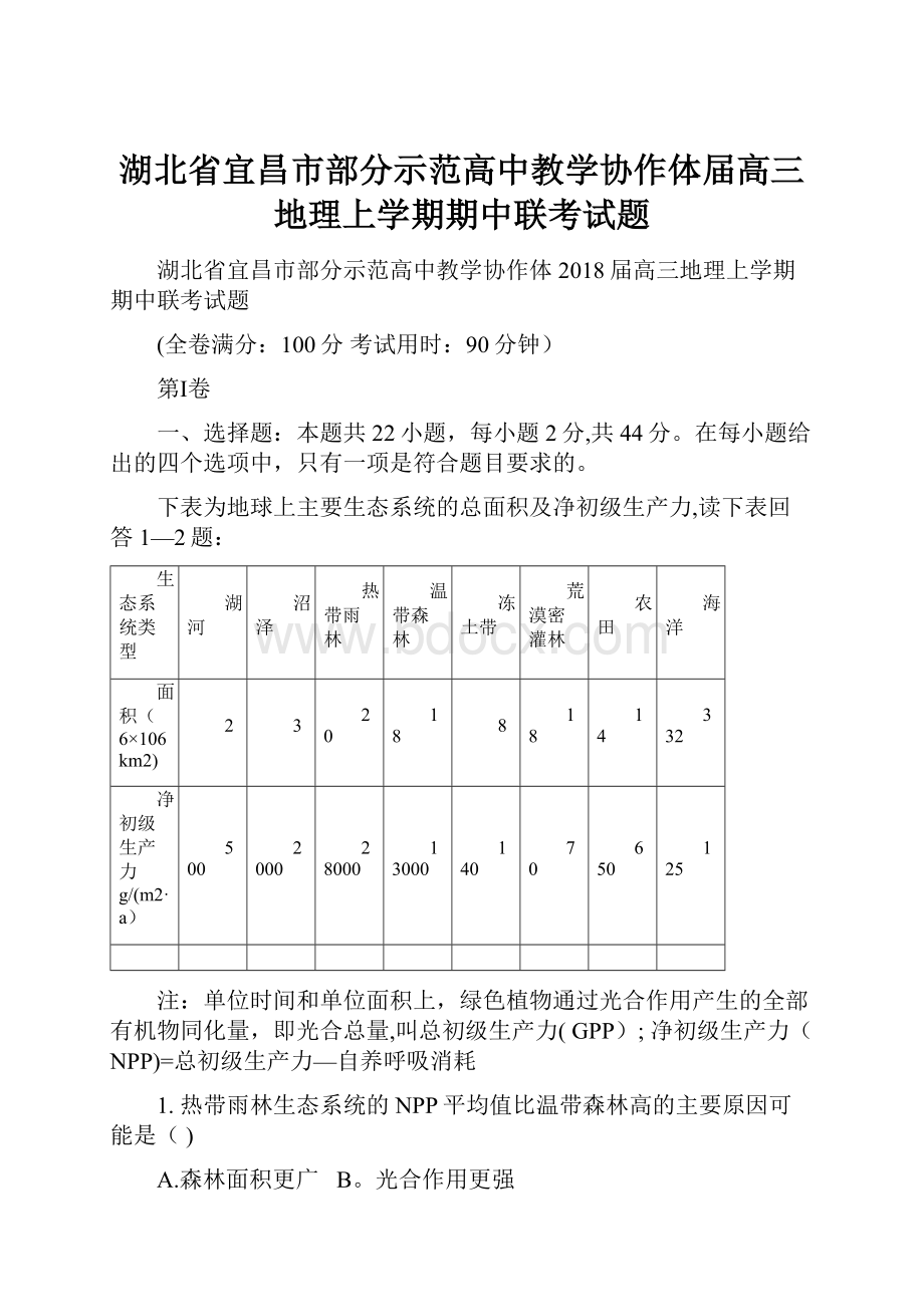 湖北省宜昌市部分示范高中教学协作体届高三地理上学期期中联考试题.docx