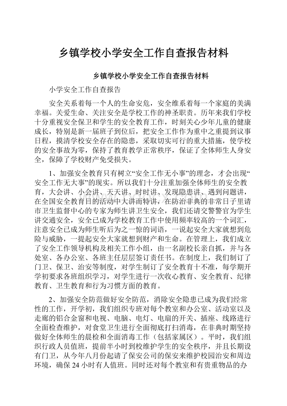 乡镇学校小学安全工作自查报告材料.docx