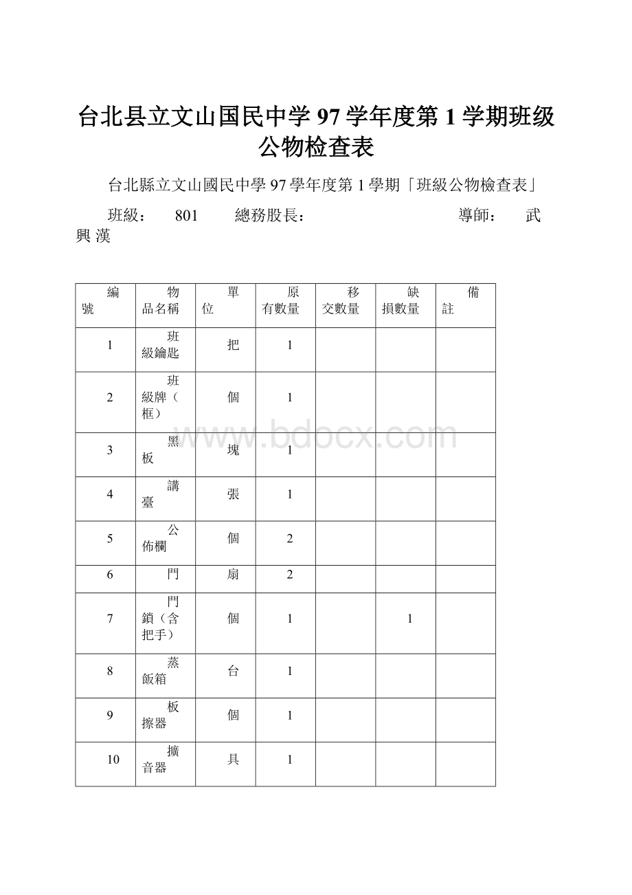 台北县立文山国民中学97学年度第1学期班级公物检查表.docx