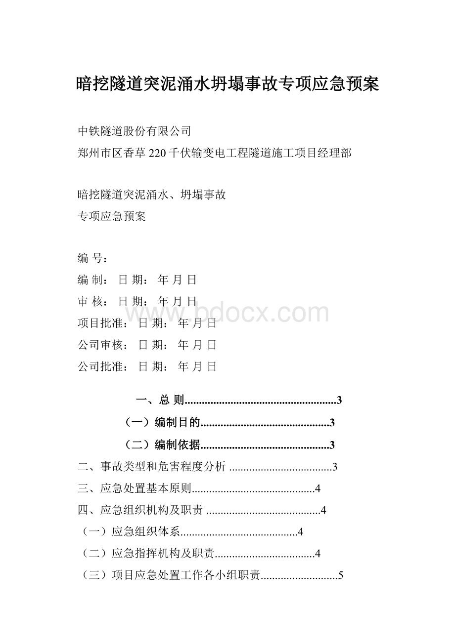 暗挖隧道突泥涌水坍塌事故专项应急预案.docx_第1页