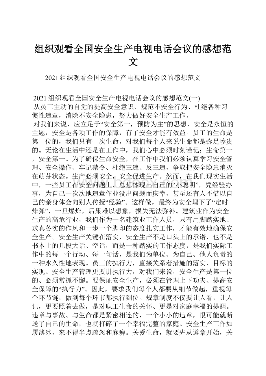 组织观看全国安全生产电视电话会议的感想范文.docx