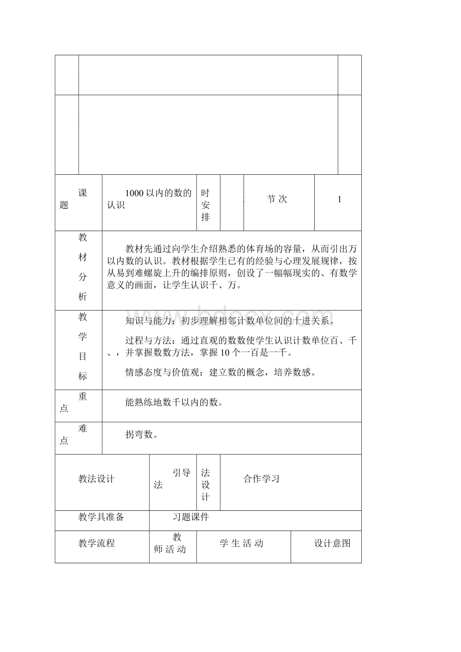 新人教版二年级数学下册第七单元教案表格式.docx_第2页