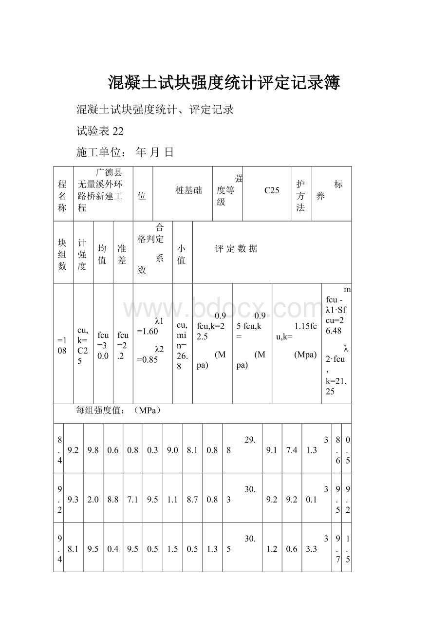 混凝土试块强度统计评定记录簿.docx