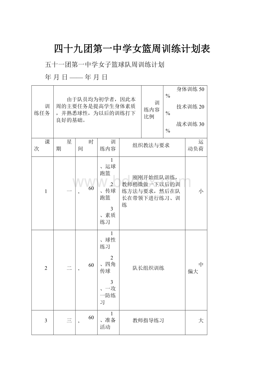 四十九团第一中学女篮周训练计划表.docx