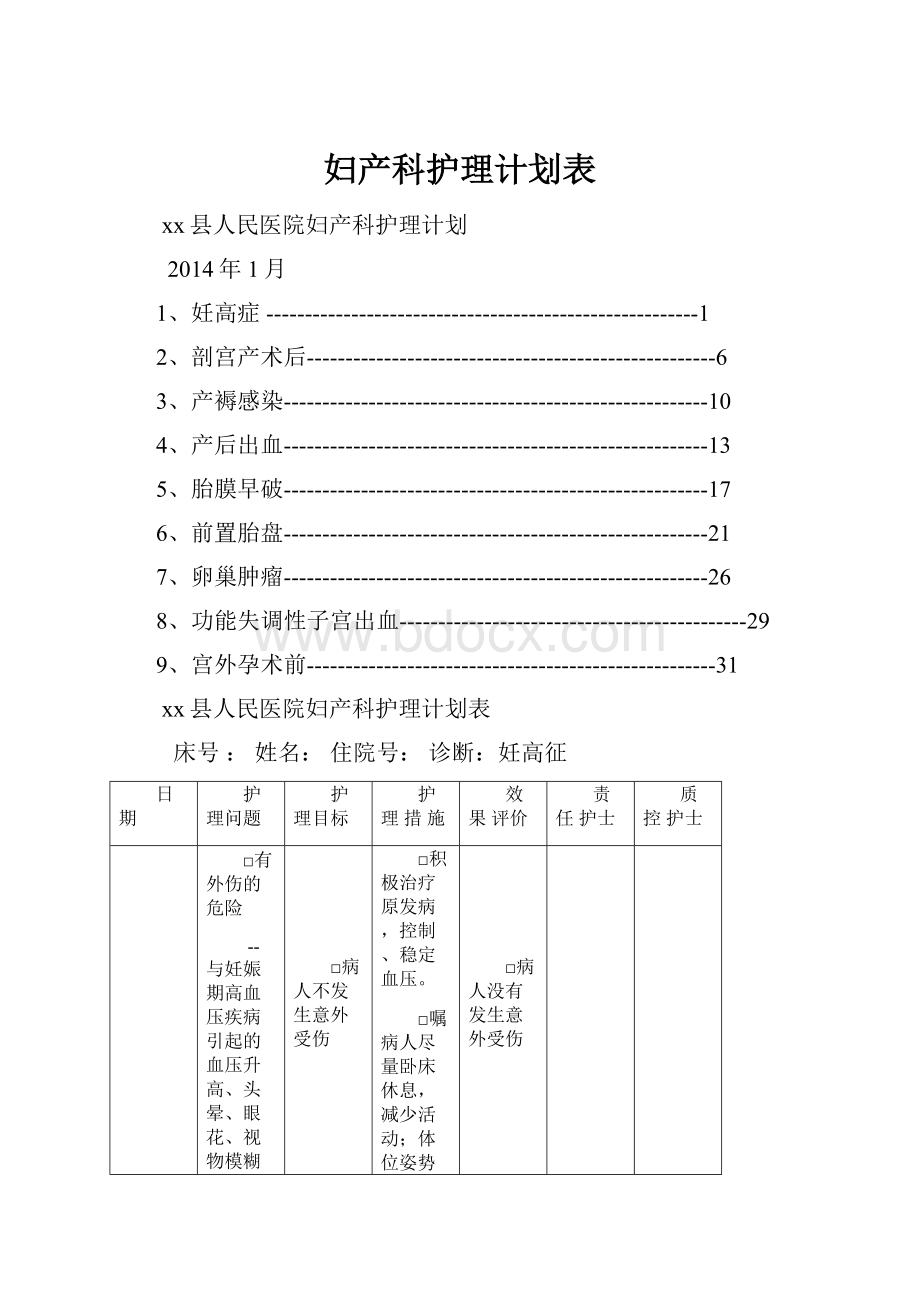 妇产科护理计划表.docx