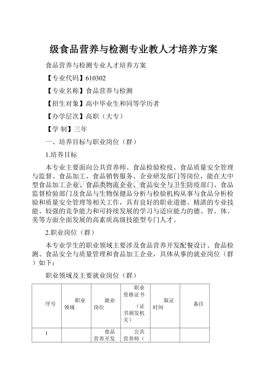 级食品营养与检测专业教人才培养方案.docx