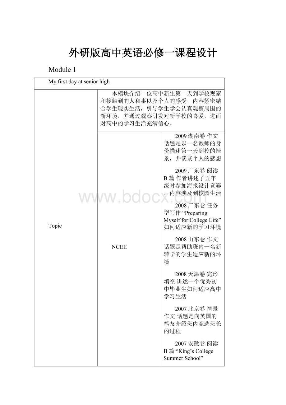 外研版高中英语必修一课程设计.docx_第1页