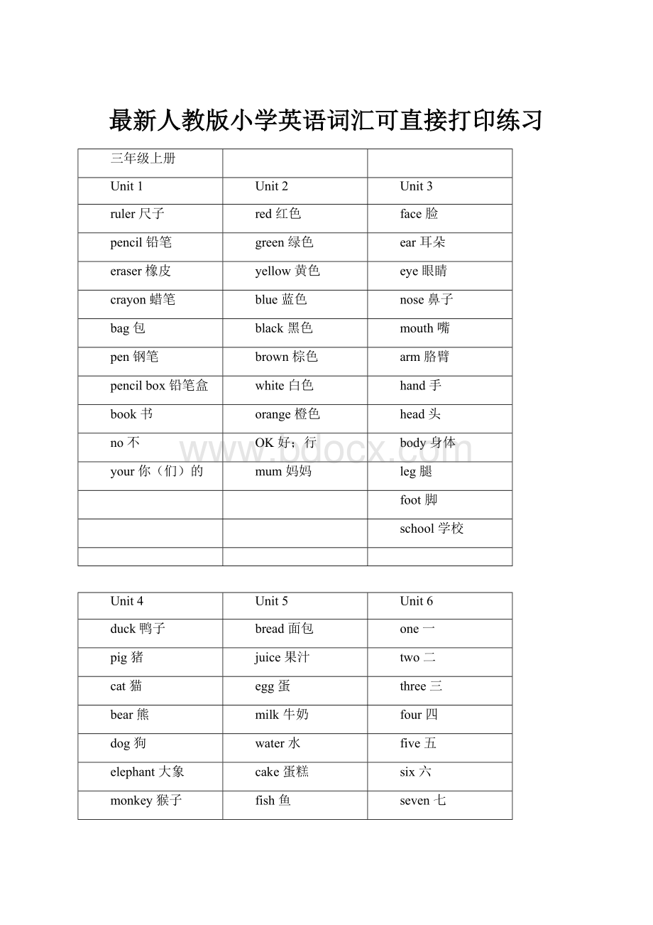 最新人教版小学英语词汇可直接打印练习.docx