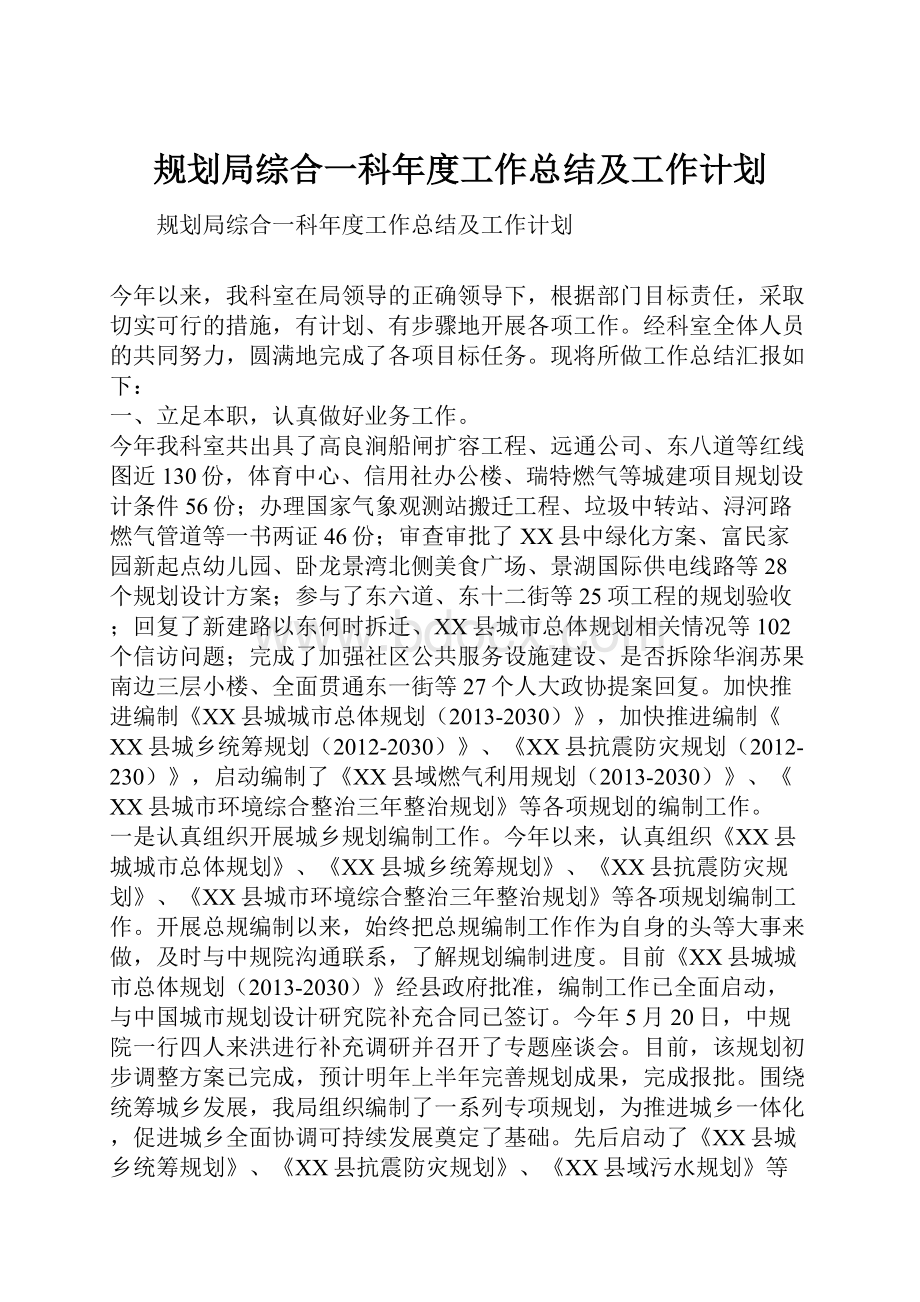 规划局综合一科年度工作总结及工作计划.docx