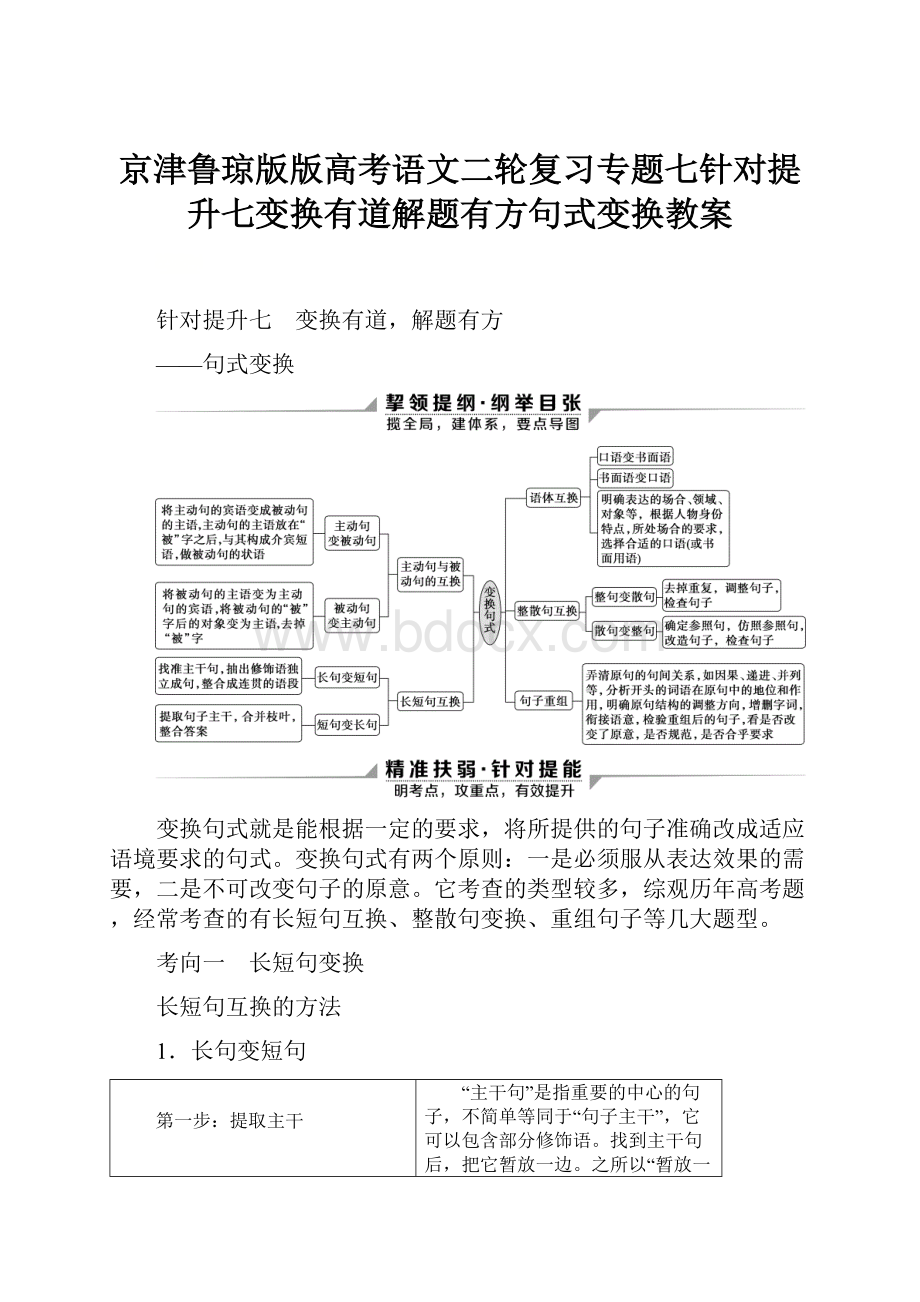 京津鲁琼版版高考语文二轮复习专题七针对提升七变换有道解题有方句式变换教案.docx