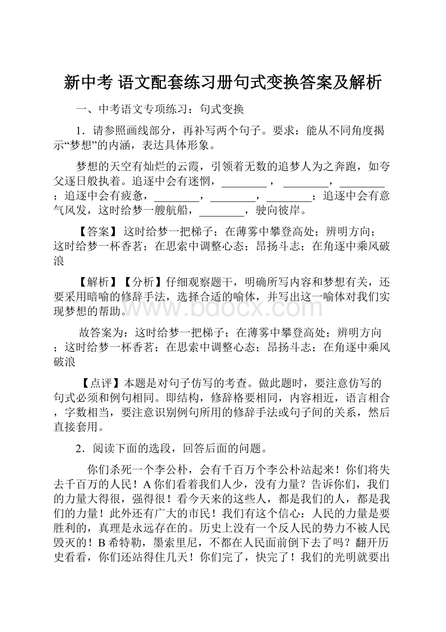 新中考 语文配套练习册句式变换答案及解析.docx