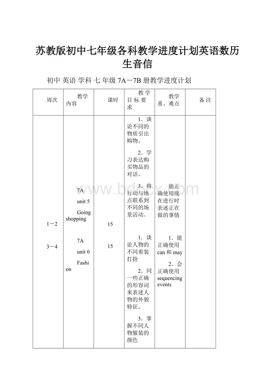 苏教版初中七年级各科教学进度计划英语数历生音信.docx